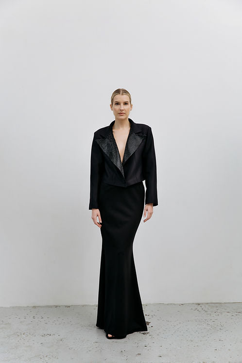 Crystal-embellished Cropped Black Blazer | MEJI