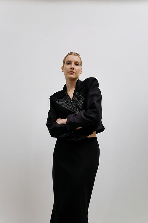 Crystal-embellished Cropped Black Blazer | MEJI