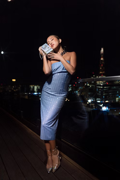 Kylie Skyblue Crystal Pinstripe Dress | MEJI