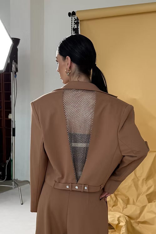 Mocha Cropped Crystal-Back Blazer | MEJI
