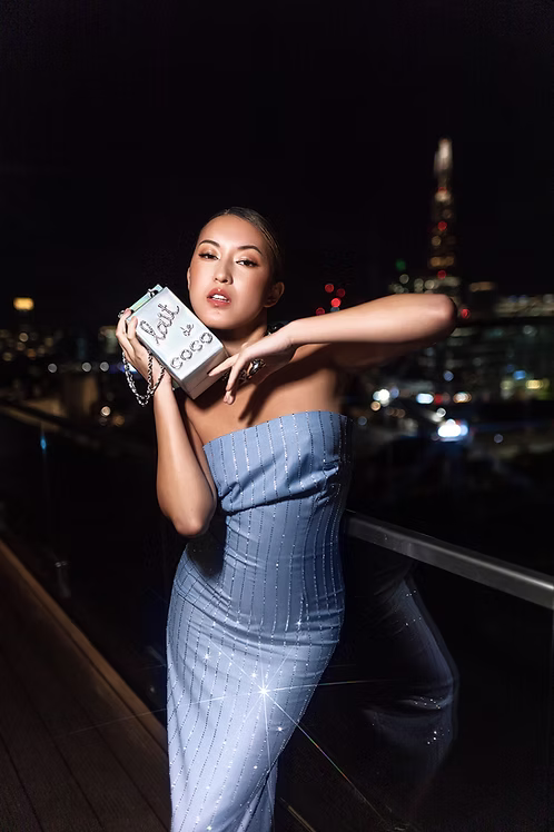 Kylie Skyblue Crystal Pinstripe Dress | MEJI