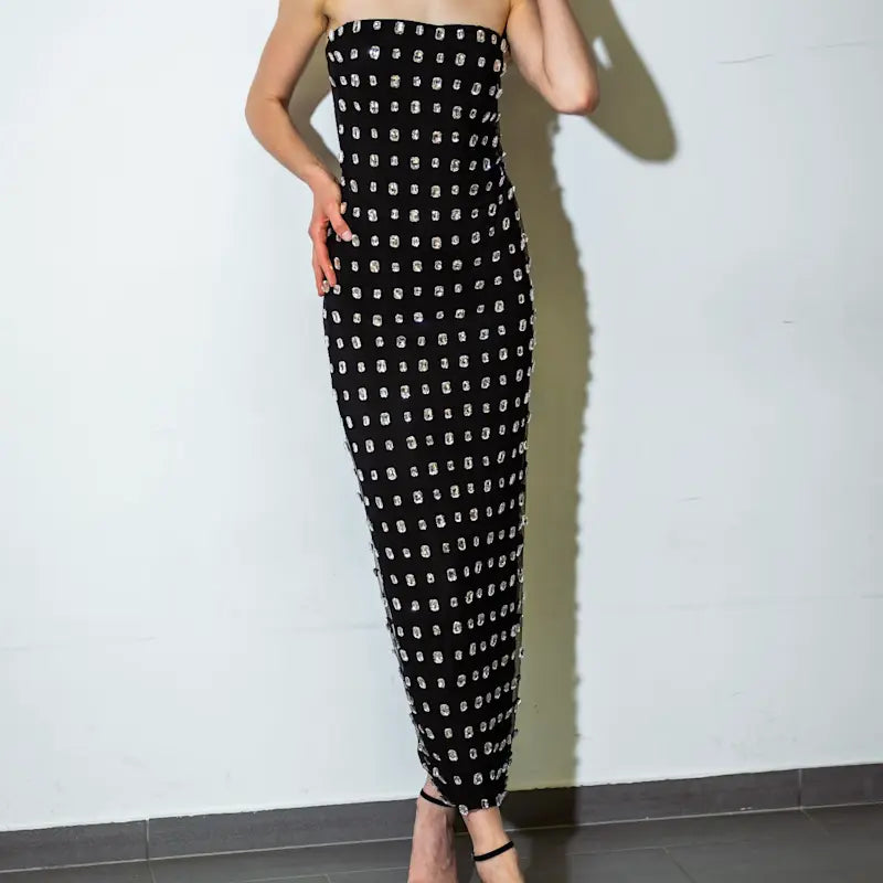 Meji Black Strapless Bodycon Crystal Dress | MEJI