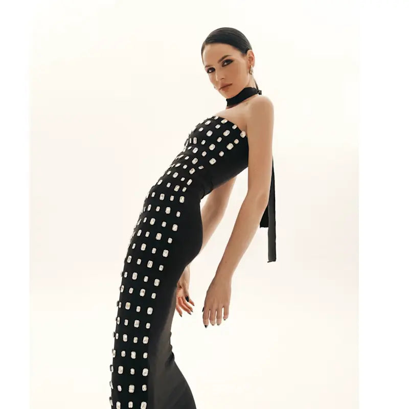 Meji Black Strapless Bodycon Crystal Dress | MEJI